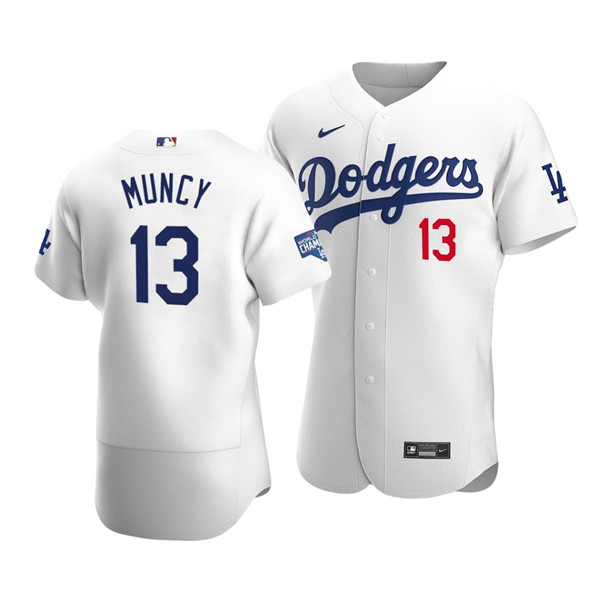 Men's Los Angeles Dodgers #13 Max Muncy 2020 White World Series Champions Patch Flex Base Sttiched MLB Jersey